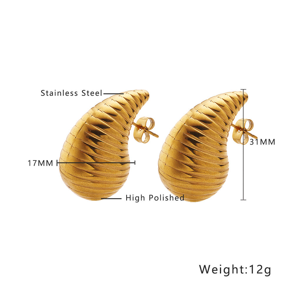 Wholesale Stainless Steel Electroplated Stripes Gold Glossy Water Drop Earrings