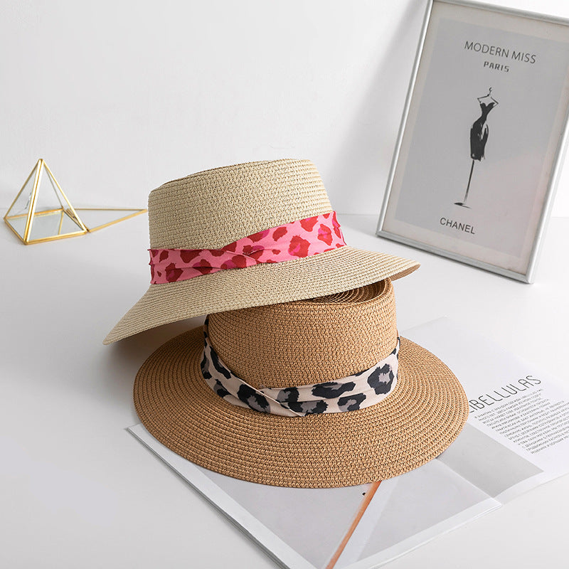 Sombrero de paja de bufanda de seda de leopardo de verano al por mayor