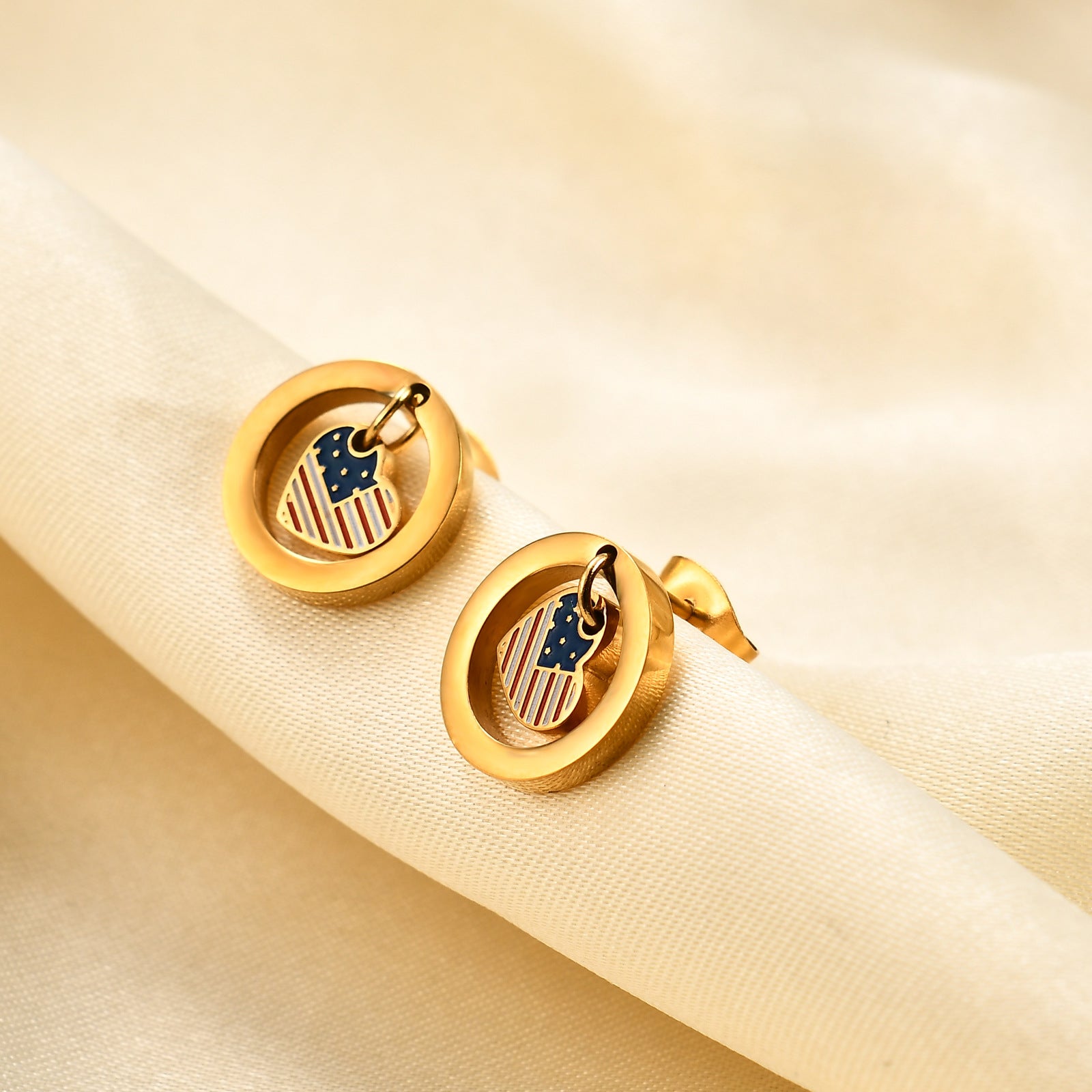 Wholesale  Independence Day Round Cut Out Heart Flag Three-Color Oil Drop Earrings
