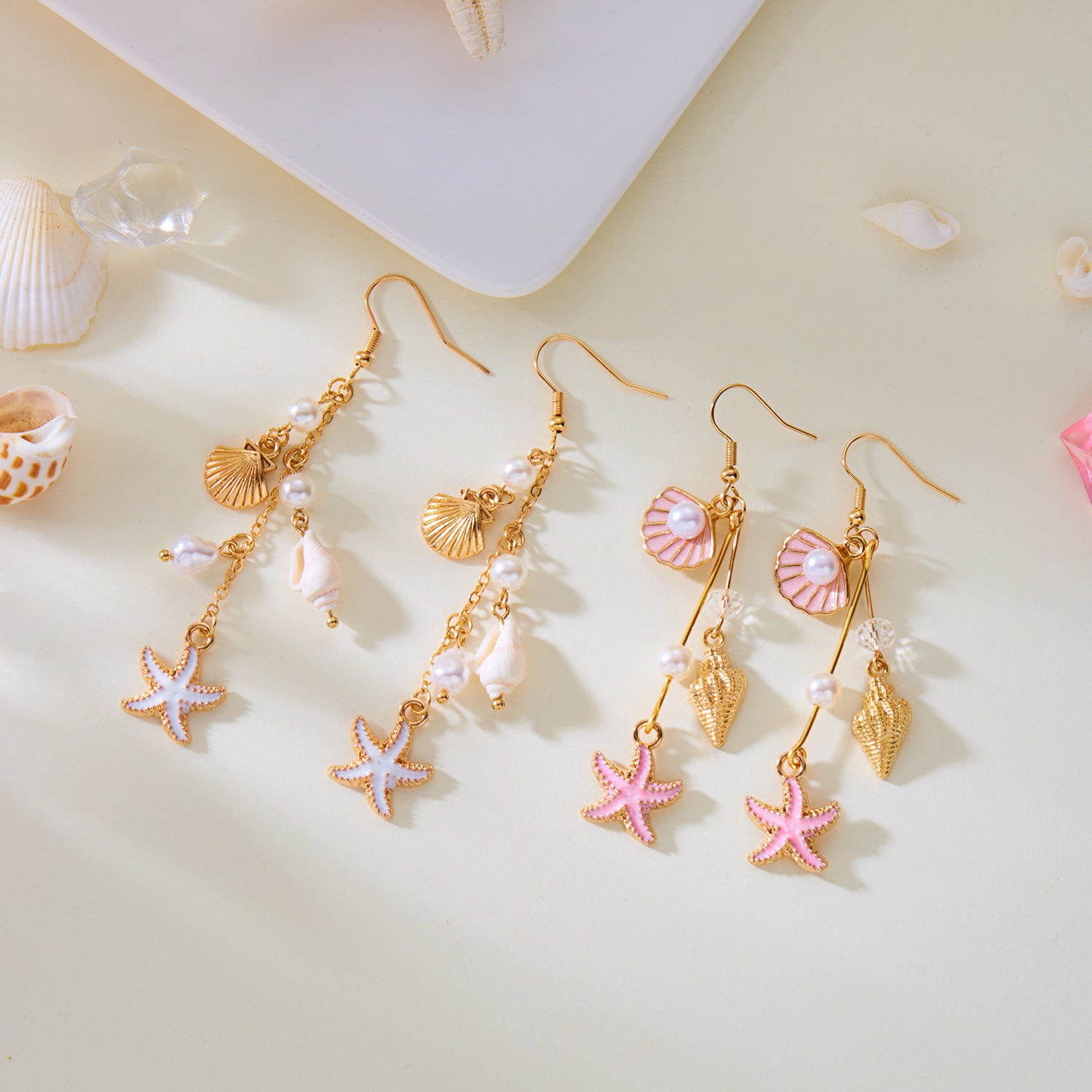 Wholesale Summer Fresh Conch Shell Starfish Long Pearl Tassel Earrings