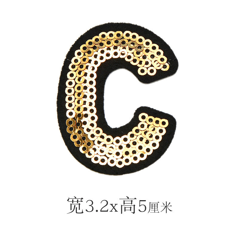 Wholesale Polyester Gold Sequin Alphabet Embroidered Patches For Coats Fashion Clothing Decorative Applique DIY Craft Supply