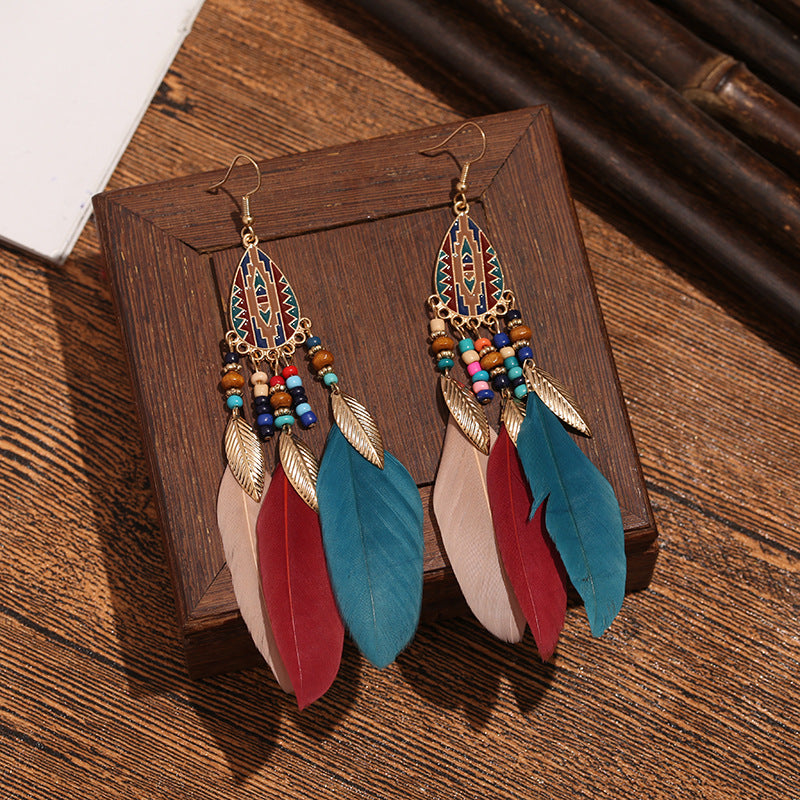 Wholesale Retro Pattern Long Rice Bead Tassel Earrings