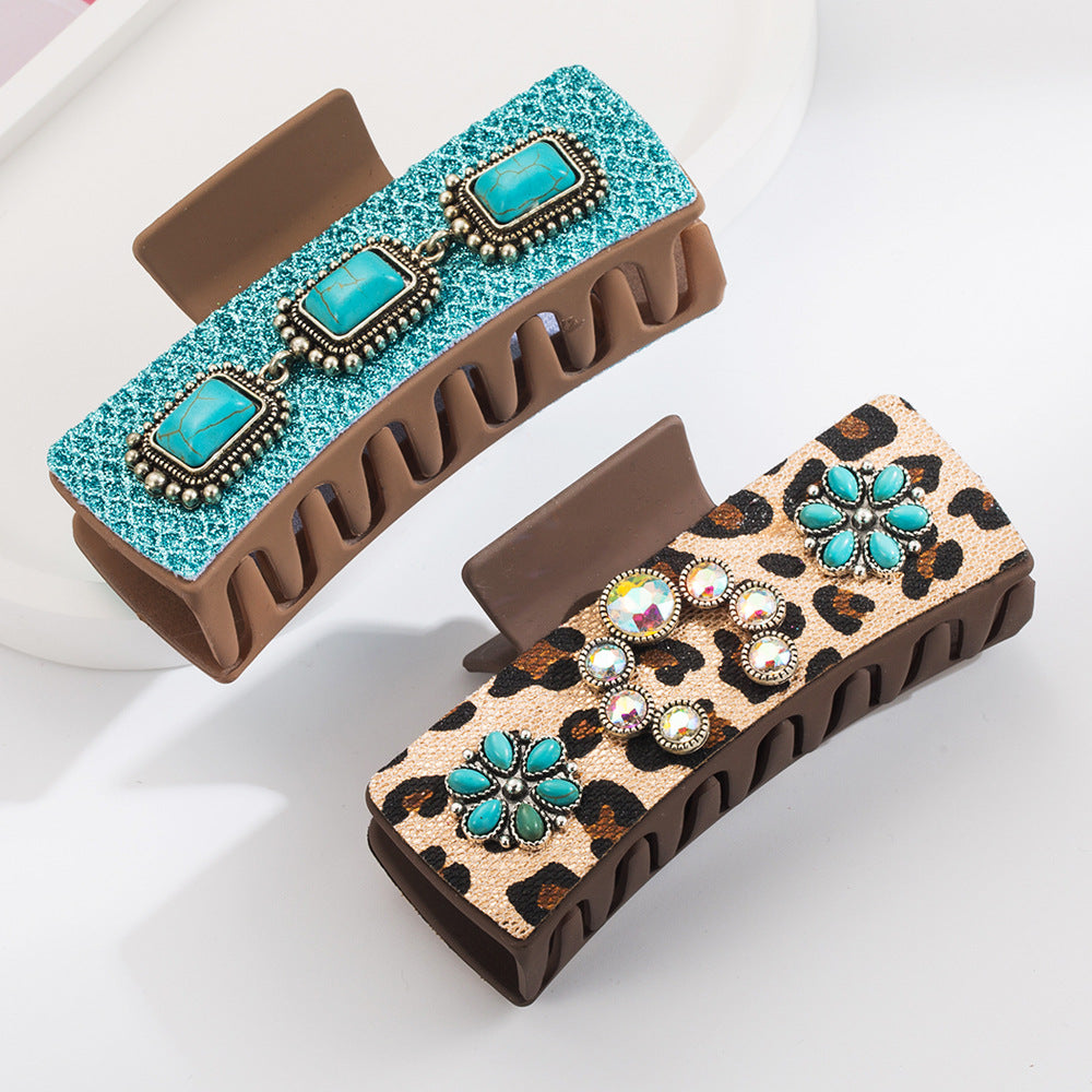 Wholesale Turquoise Western Vintage Leopard Sequined Leather Grabber