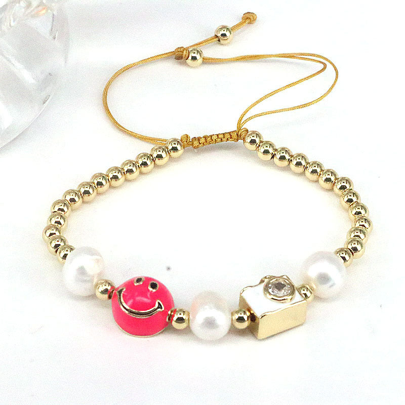 Wholesale Colorful Drops Oil Smile Zircon Freshwater Pearl Round Bead Braided Copper Bracelet
