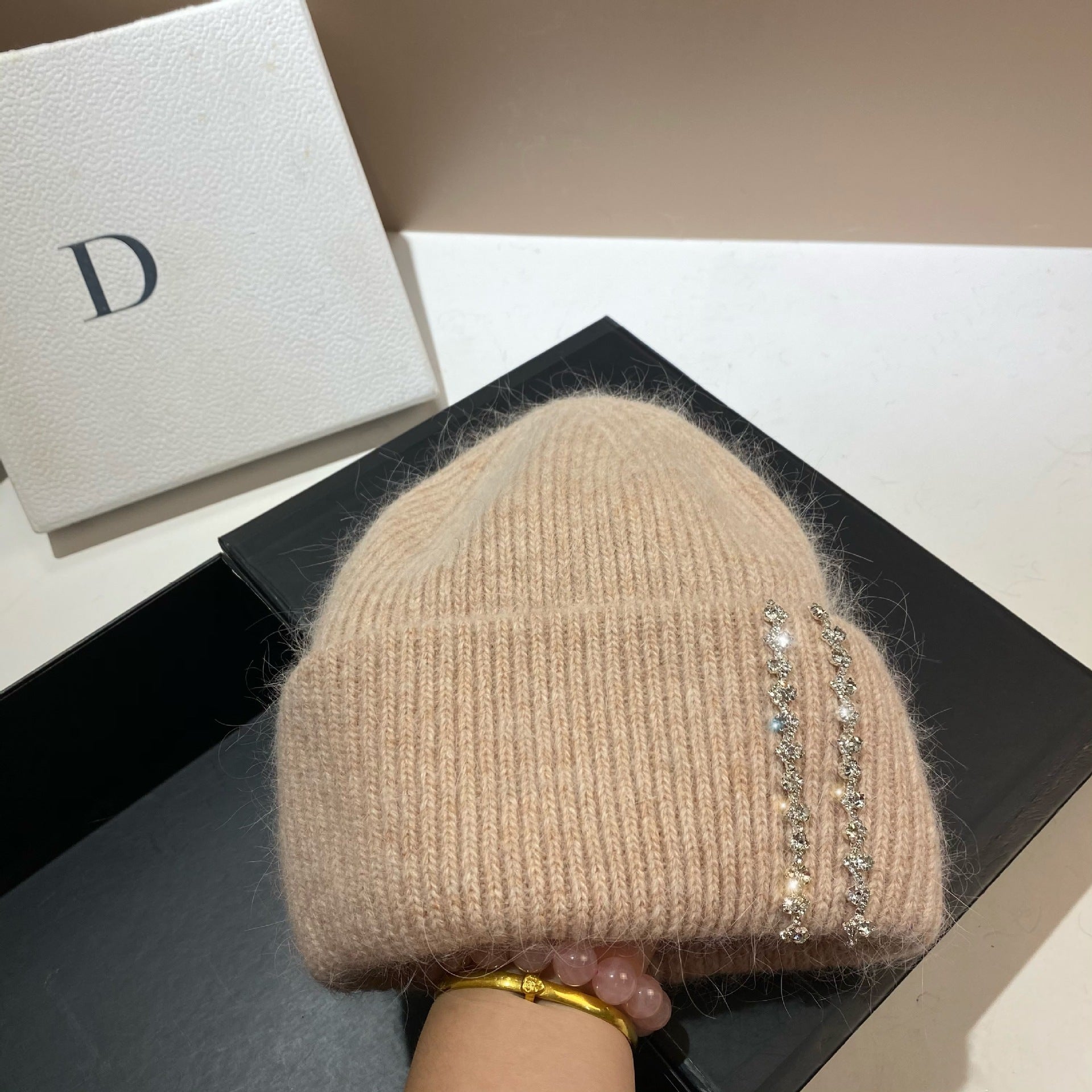 Wholesale Long Rabbit Fur Bi-fold Knitted Rhinestone Beanie
