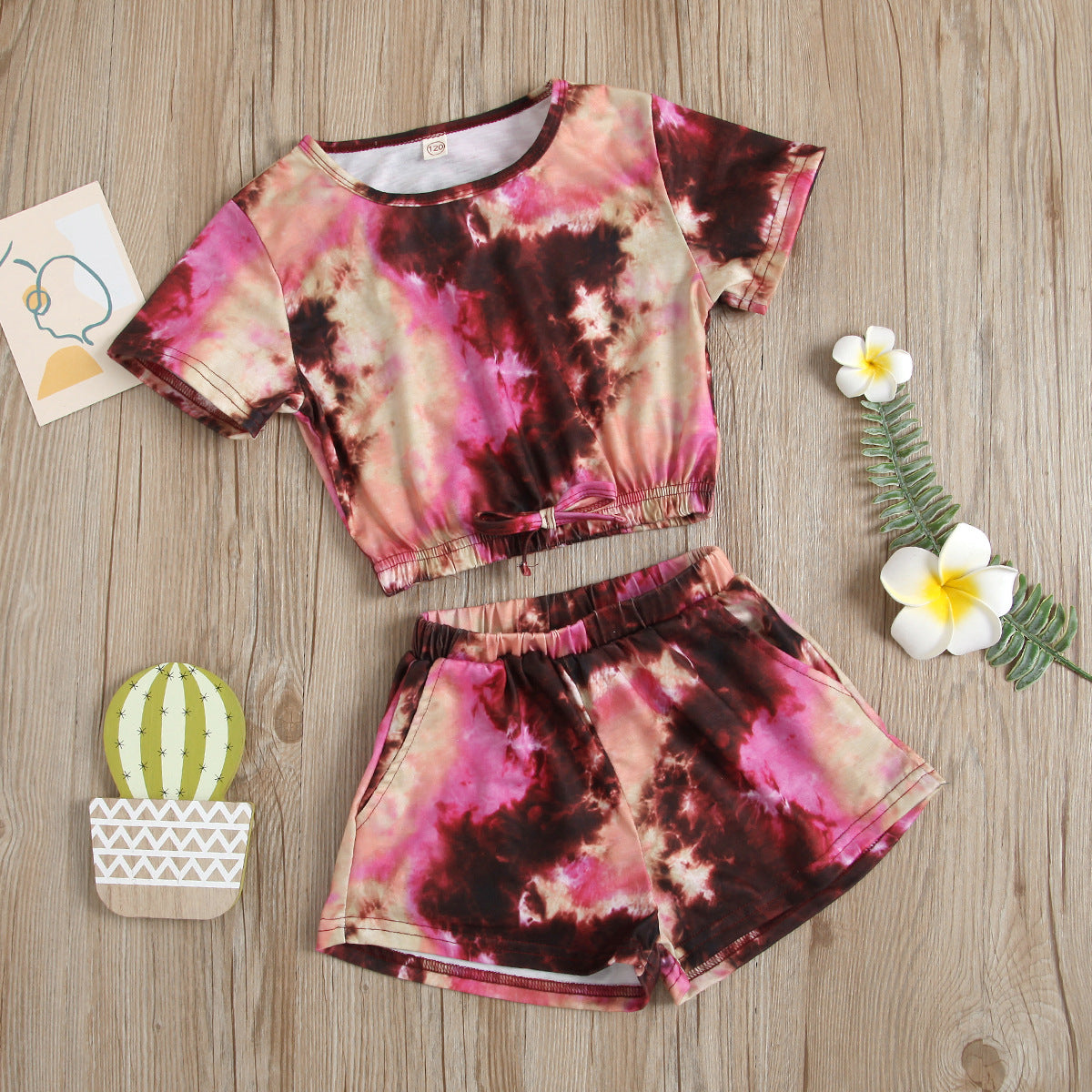 Wholesale Tie Dye Round Neck Short Sleeve Tape Top+Short Shorts Baby Clothes