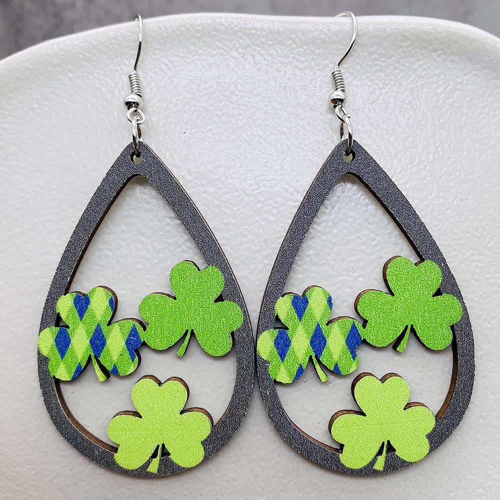 Wholesale St. Puckett Festival  Clover Green Rainbow Dwarfs Wooden Earrings