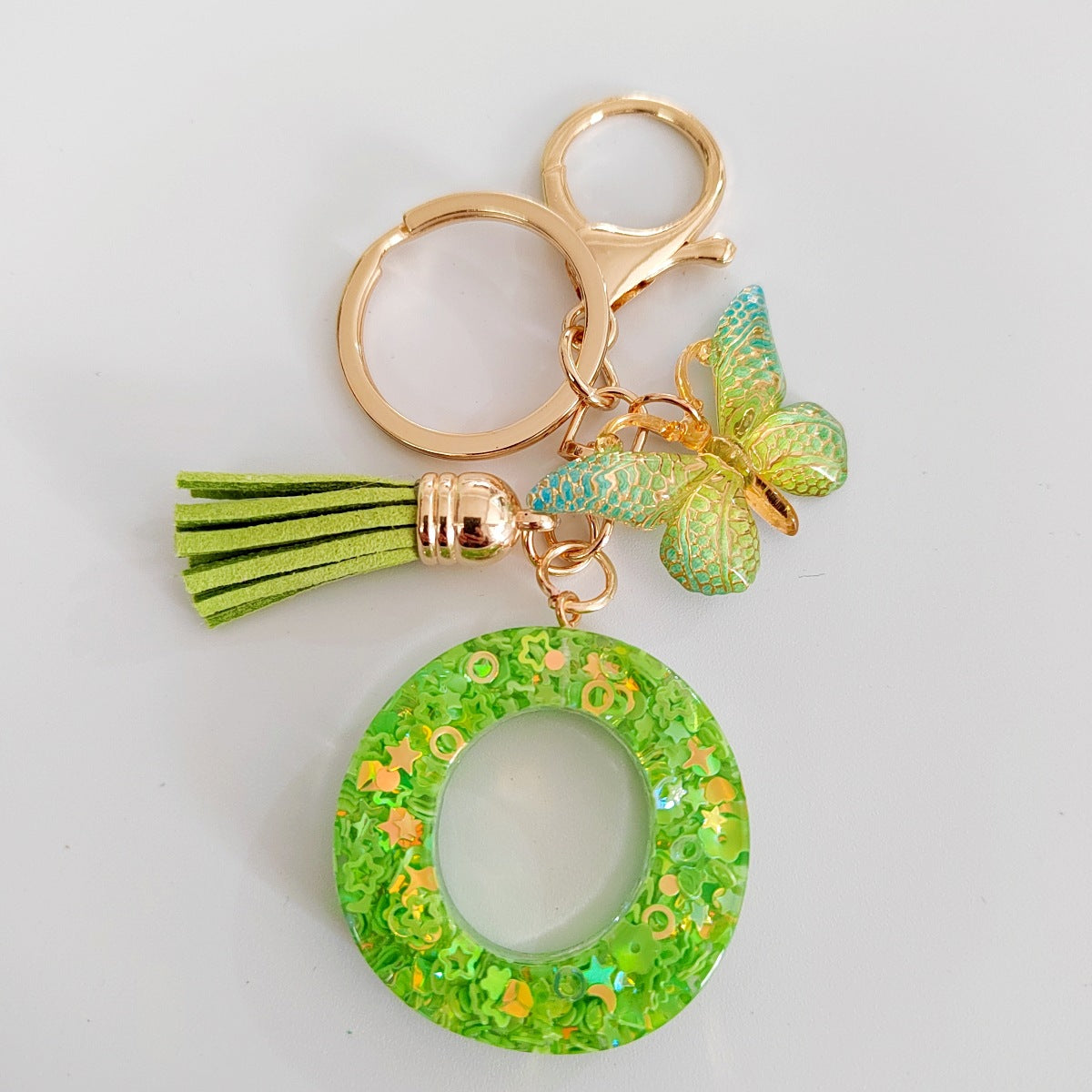 Wholesale 26 English Alphabet Keychain Pendant Green Star Glitter Resin Pendant  Key Chain