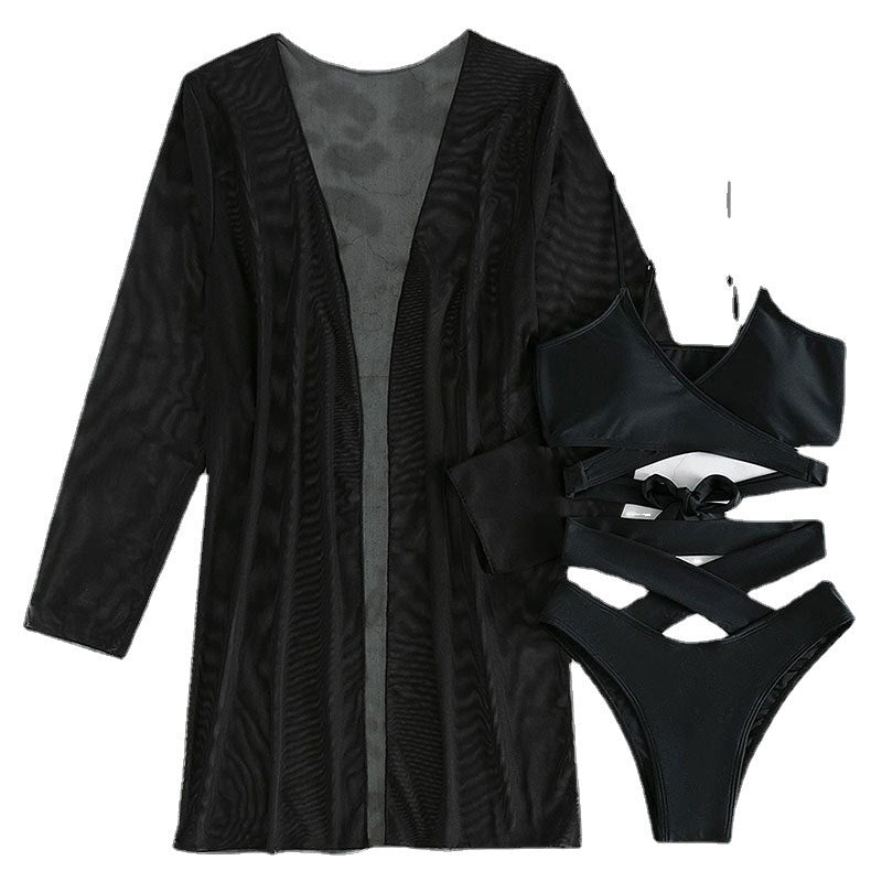 Wholesale Three-piece Set Mesh Shawl High Waist Swimwear