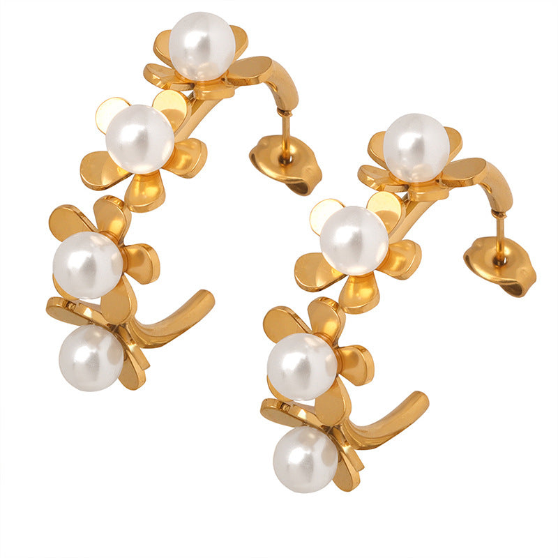 Wholesale Pearl Flowers Gold Plated Earring