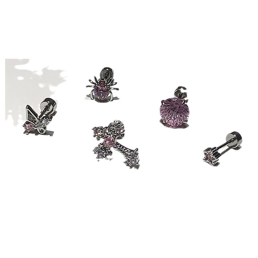 Wholesale Pink zircon cross ear bone studs titanium steel butterfly cochlear studs
