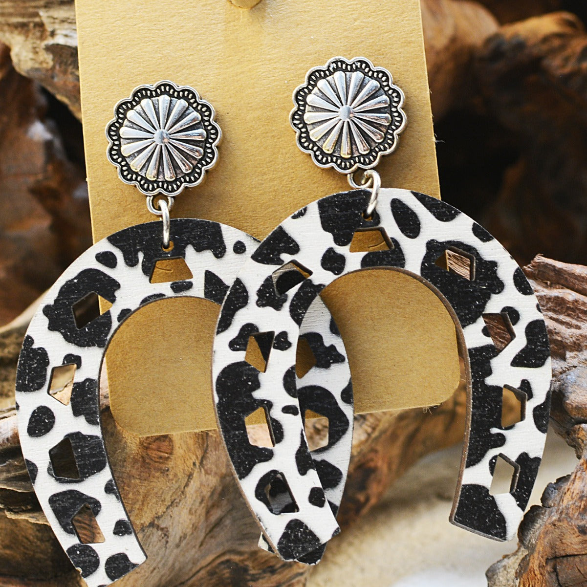Wholesale Turquoise Alloy Inlaid Western Cowboy Earrings Horseshoe Zebra Leopard Print Cross  Earrings