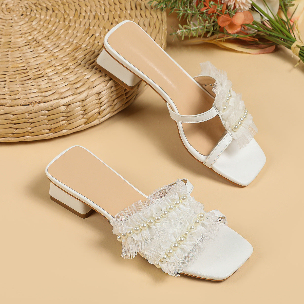 Wholesale PU Chunky Heel Open Toe Slippers
