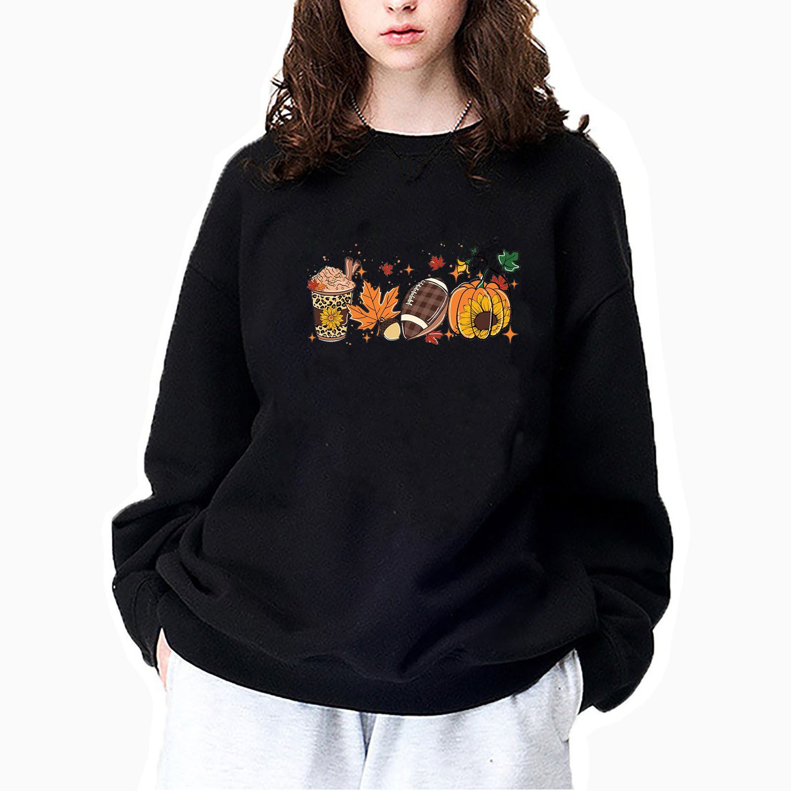 Wholesale Thanksgiving Sweatshirt Pumpkin Coffee Cup 3D Printed Round Neck Sweatshirt