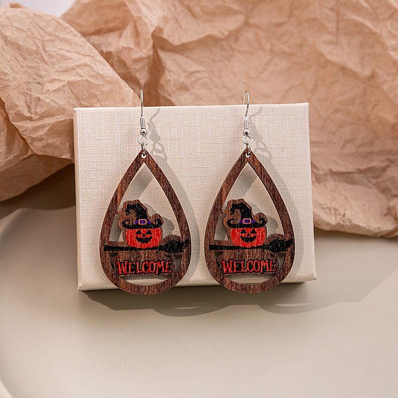 Wholesale Cartoon Halloween Pumpkins Make Weird Ghost Wooden Earrings