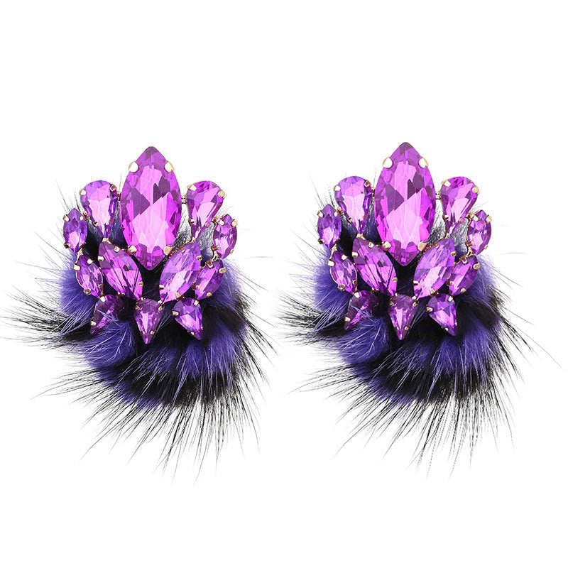 Wholesale Plush Ball Colorful Rhinestone Earrings