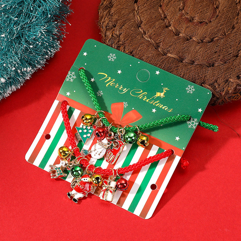 Wholesale Stylish Christmas Santa Bell Rope Bracelet For Women Adjustable Red Green Handmade Alloy Fashion Accessory