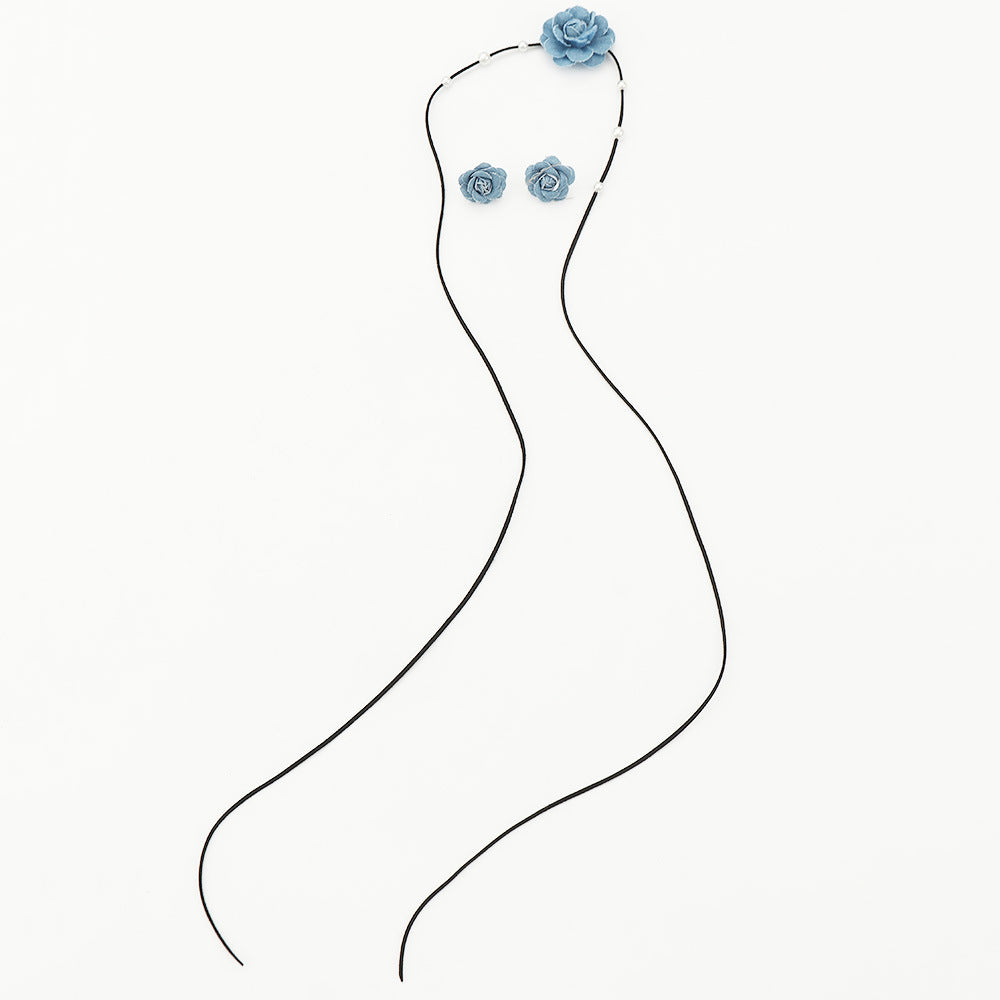 Wholesale Denim Camellia Beaded Strap Necklace Earrings Set