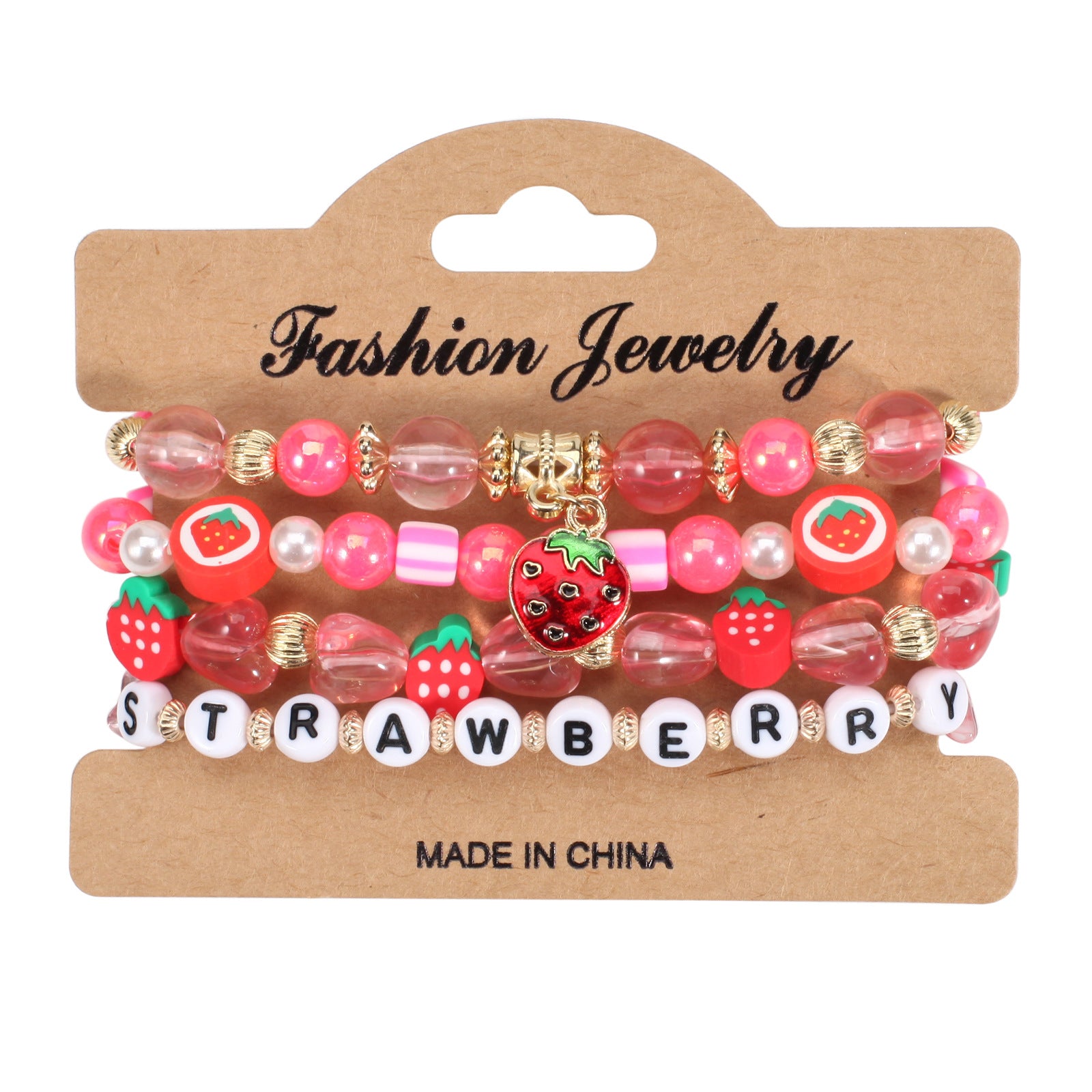 Wholesale Cartoon Cute Fruit Strawberry Pendant Glass Beaded Multi-layer Elastic Bracelet