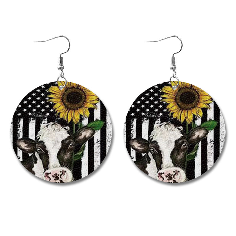 Wholesale Western Style Cow Pattern Sunflower Bull Head Leather Earrings