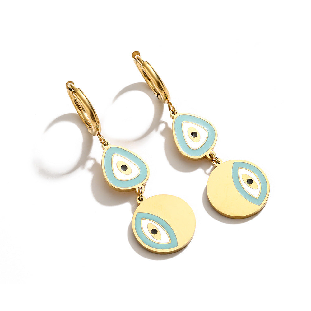 Wholesale Titanium Steel Zircon Drops Oil Devil Eye Geometric Pendant Earrings