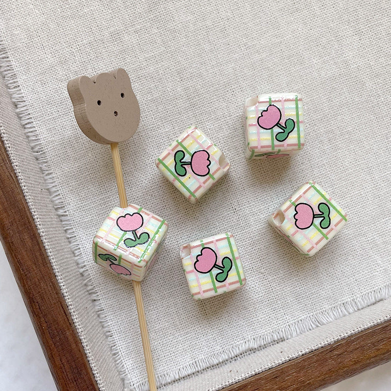 Wholesale 10pcs Garden Checkerboard Tulip Flowers Love Blocks Acrylic Beads