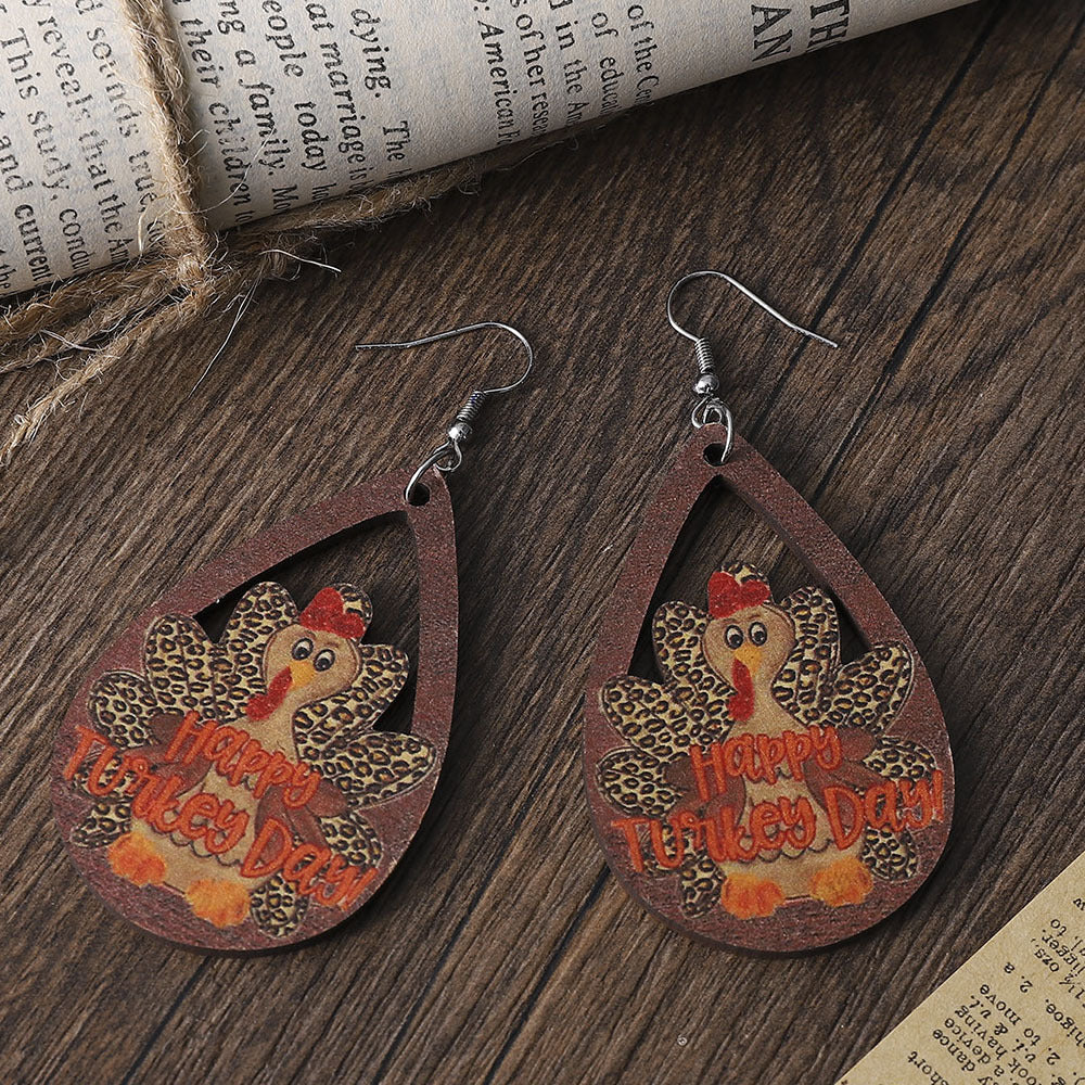 Wholesale Thanksgiving Leopard Print Turkey Teardrop Hollow Pendant Earrings Wooden Earrings