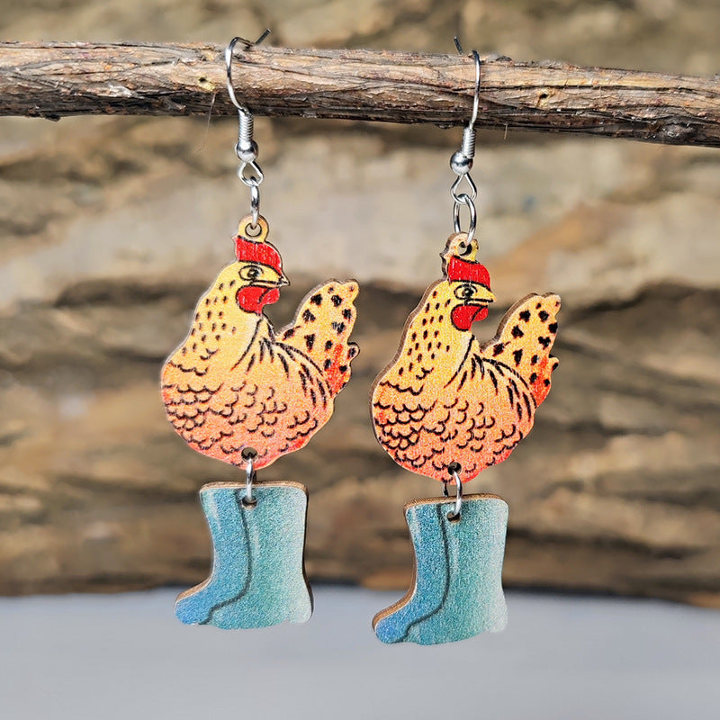 Wholesale Farm pastoral style cute hen and chick wooden double-sided Earrings