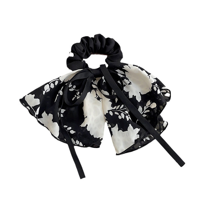 Wholesale Black and White Floral Bow Fabric Large Intestine Hair Tie