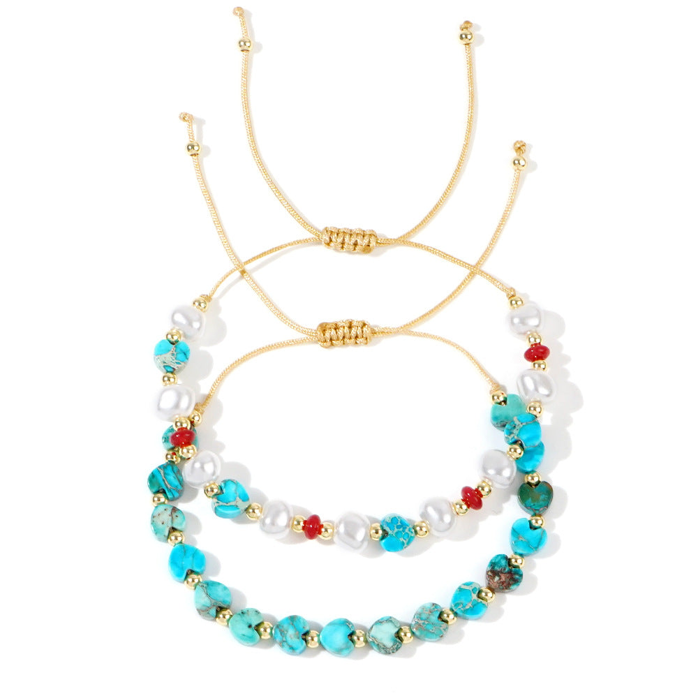 Wholesale Bohemian imitation pearl peach heart bracelet semi-precious stone emperor stone love valentine's day jewelry 3mm copper bead hand rope