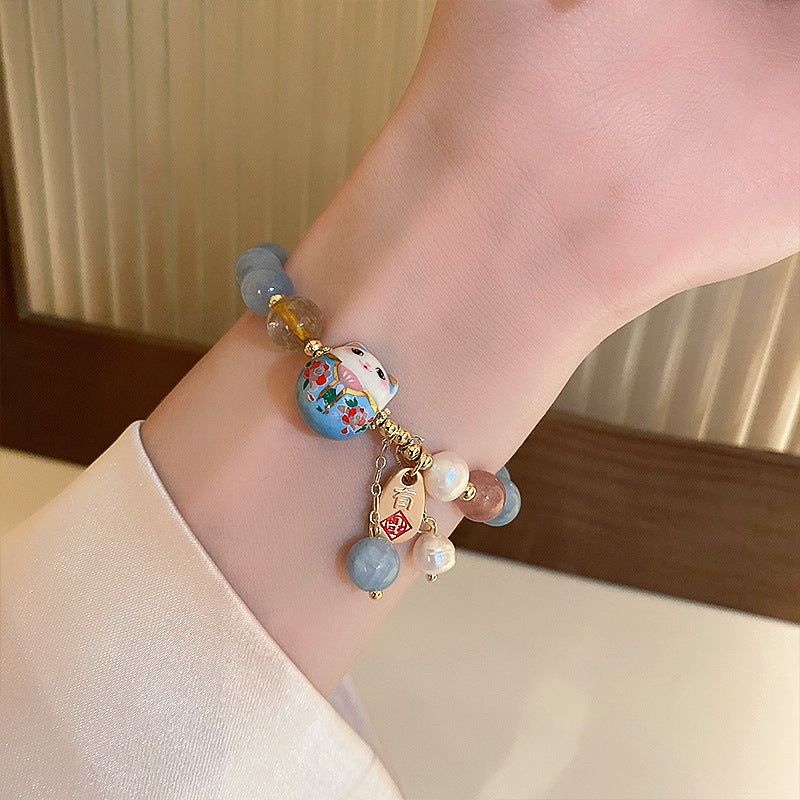 Wholesale Beaded Ceramic Lucky Cat Forwarding Pearl Crystal Bracelet