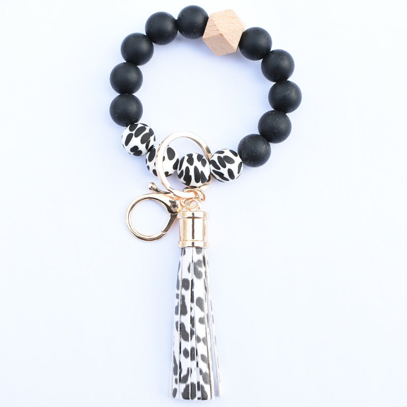 Wholesale Food Grade Silicone Beads Leather Tassel Wood Beads Bracelet Keychain