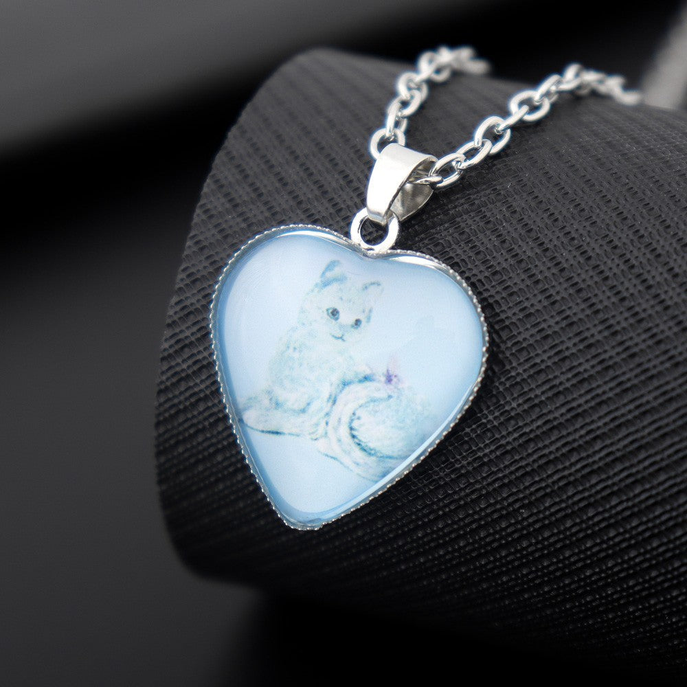 Wholesale Heart-shaped Crystal Cute Kitten Metal Necklaces
