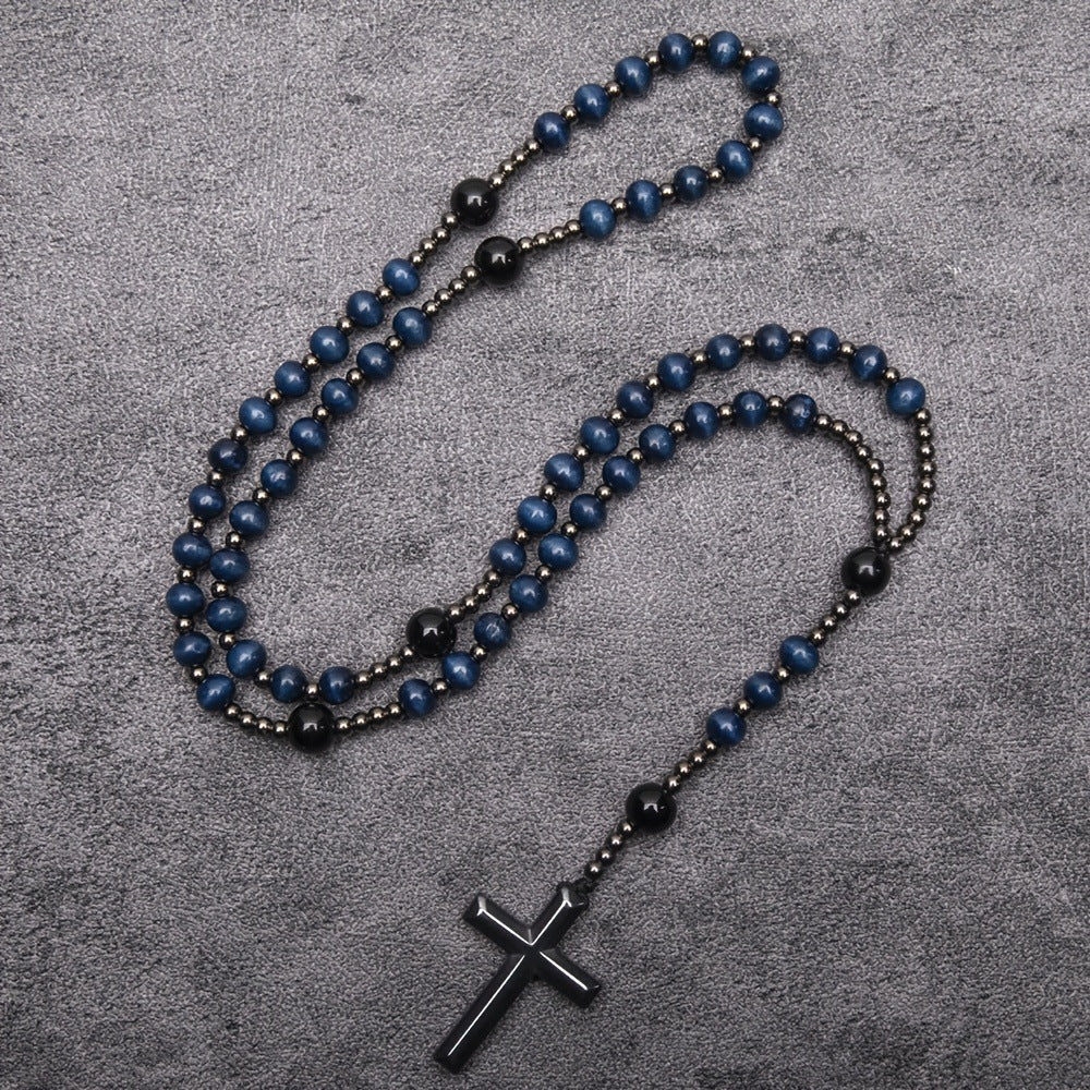 Wholesale Wooden Beads Black Gallstone Cross Religious Long Rosary Necklace