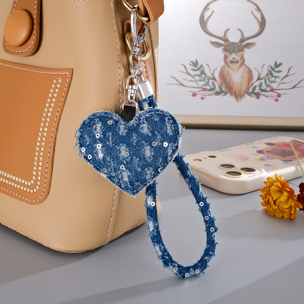Wholesale  Ripped Denim Heart Buckle  Wrist Strap Keychain