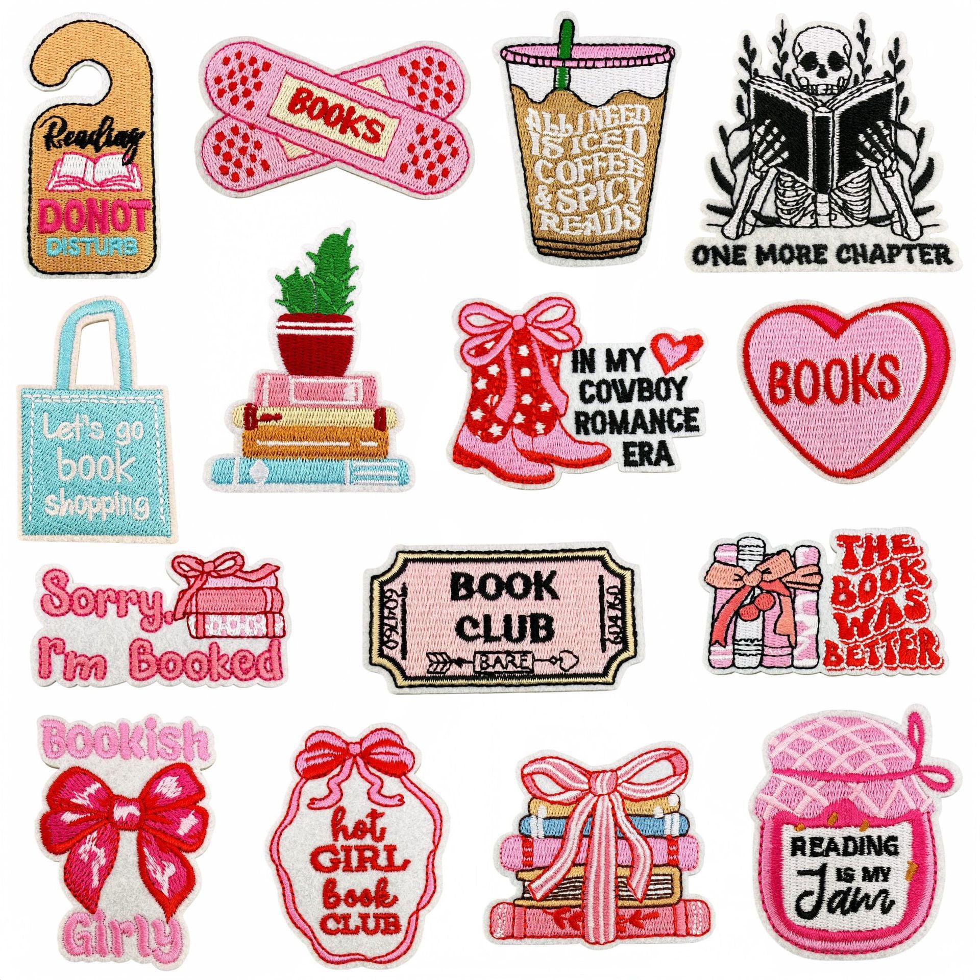 Wholesale Pink Reading Theme Embroidered Patches Book Decorative Stickers 15Pcs For Clothes Bags DIY Gift Boutique Resale