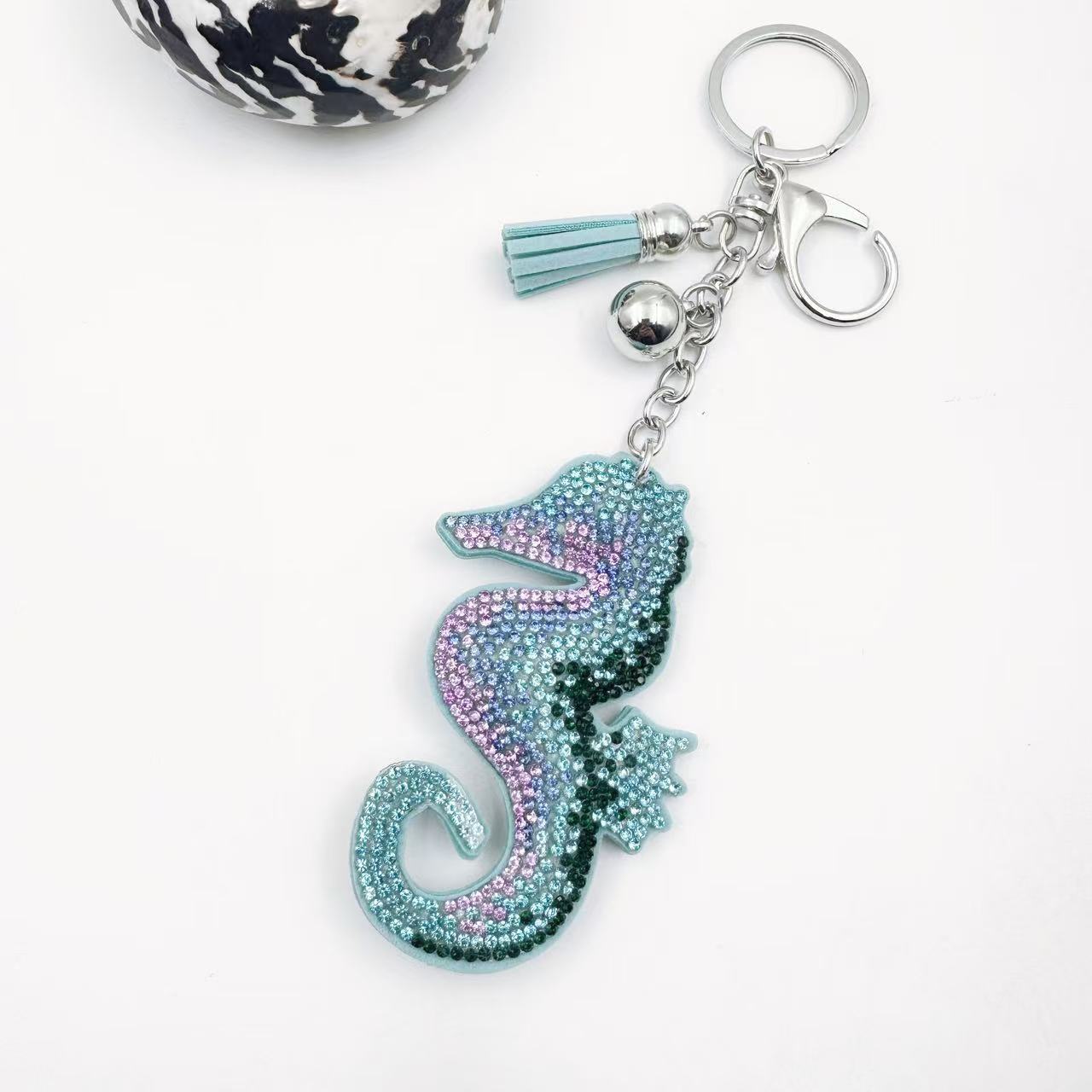 Wholesale 12pcs Seahorse Keychain Leather Tassel Ocean Crystal Gemstone Diamond Key