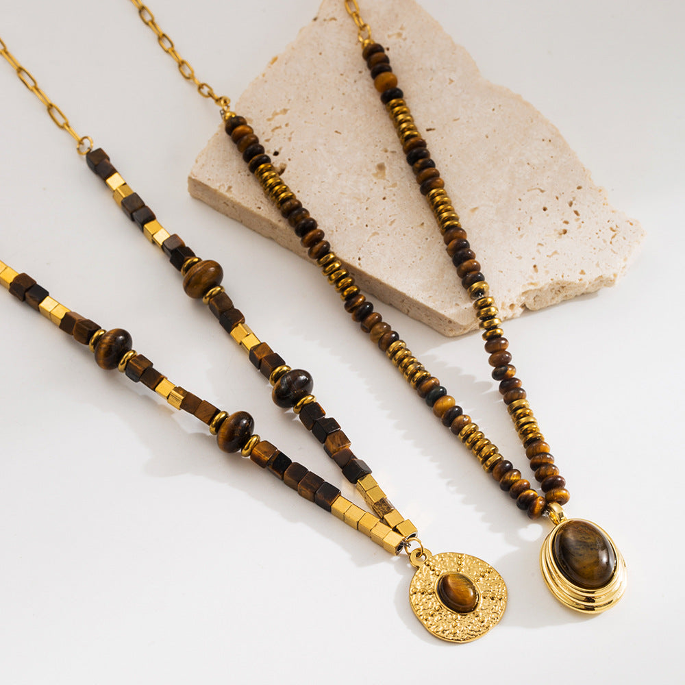 Wholesale Natural Tiger's Eye Niche Maillard Style Geometric Retro Titanium Steel Clavicle Necklace