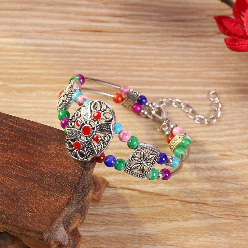 Wholesale handmade ethnic style colorful beads silver  bohemian bracelet