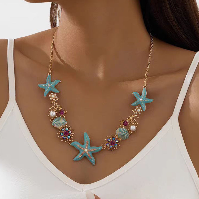 Wholesale Blue 3D Starfish Shell Clavicle Necklace