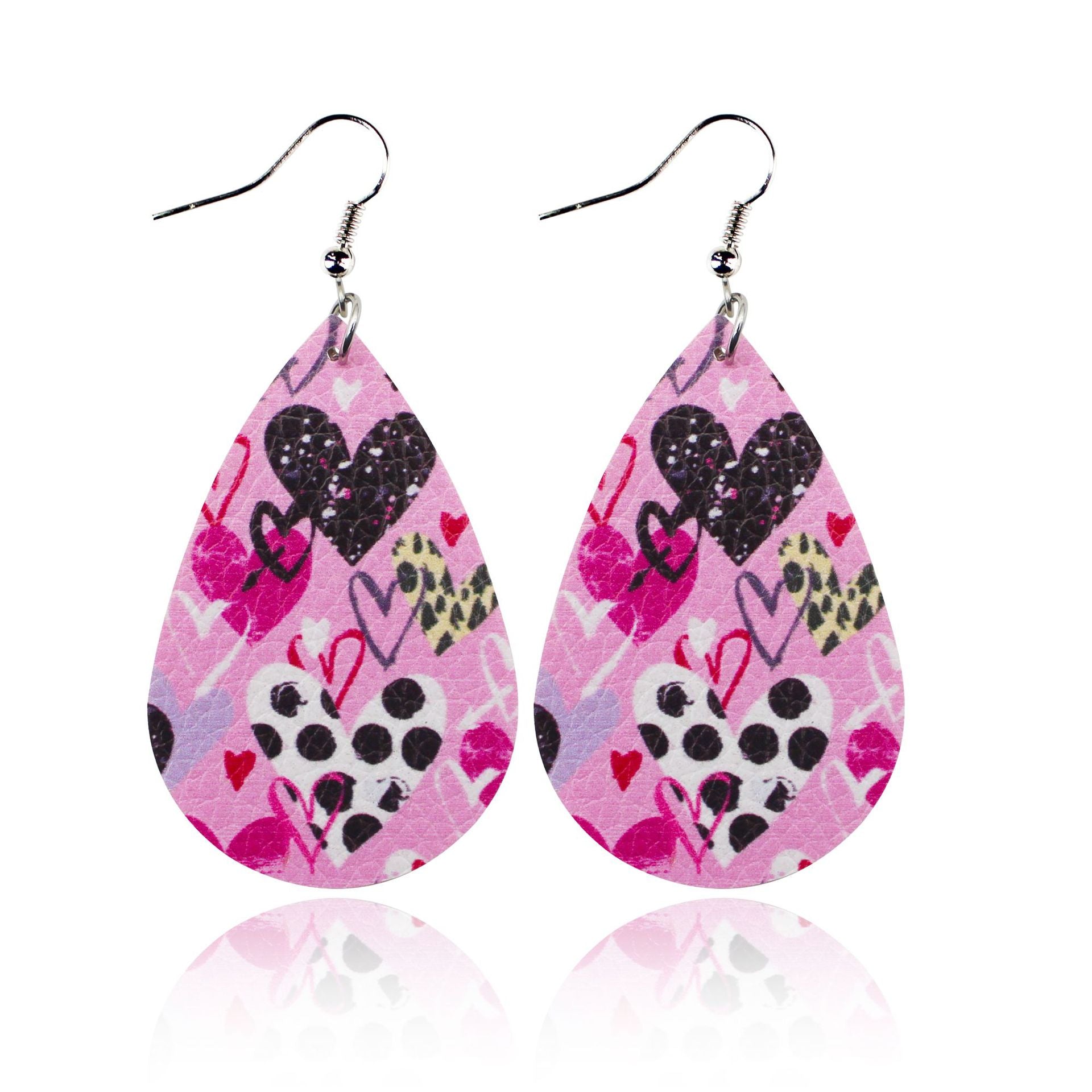Wholesale Valentine's Day Love Romantic Polka Dot Stripe Printed Water Drop Leather Earrings