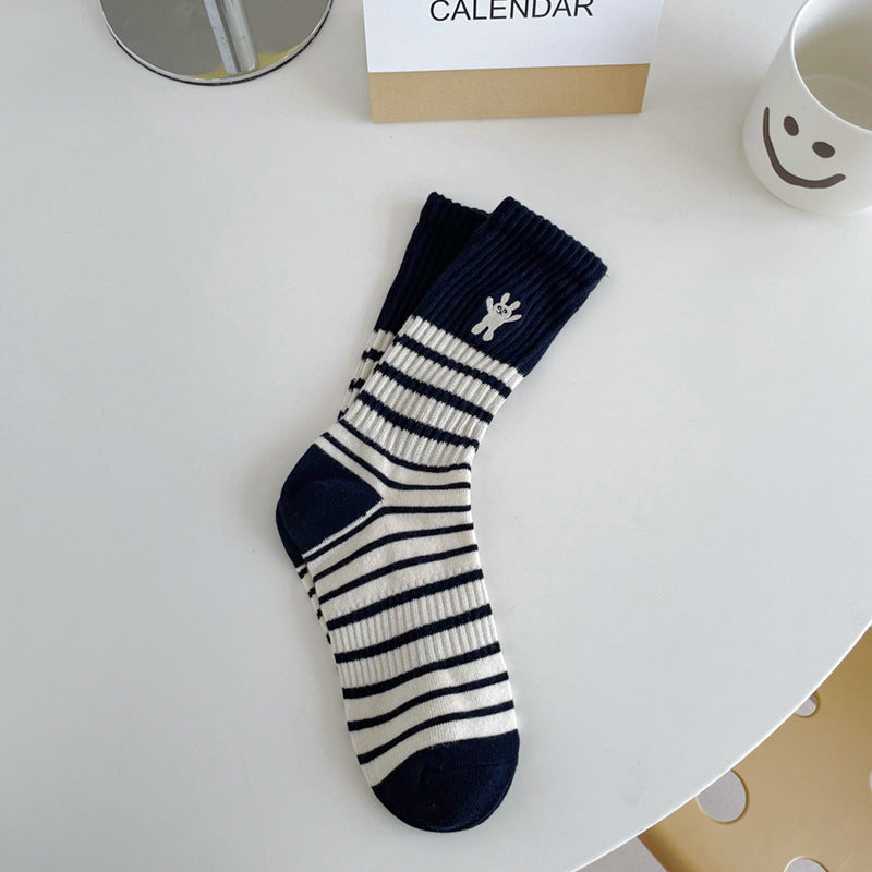 Wholesale Autumn and Winter Striped Embroidered Bunny Trendy Versatile Mid Length Socks