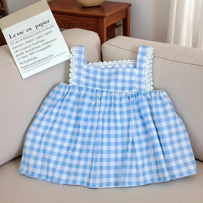 Wholesale Cotton Toddler Girls Sleeveless Princess Dress Plaid Floral Summer Chic Daily Wear