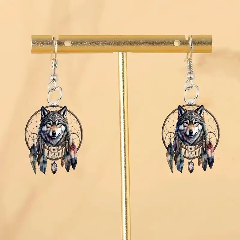 Wholesale Vintage Dreamcatcher Wolf Head Acrylic Earrings