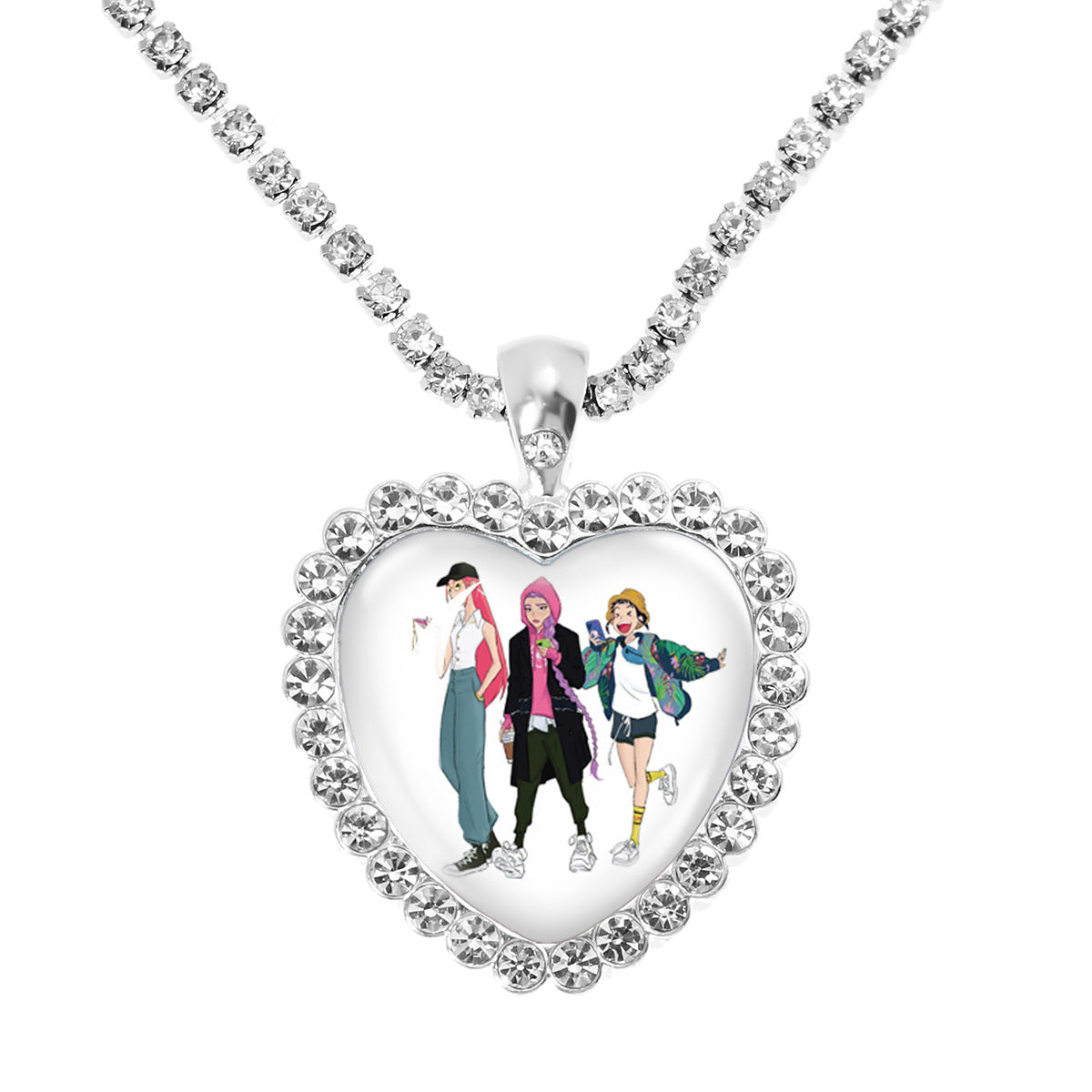Wholesale Purple Cartoon Girl Time Gem Peach Heart Water Diamond Necklace OLY Exclusive