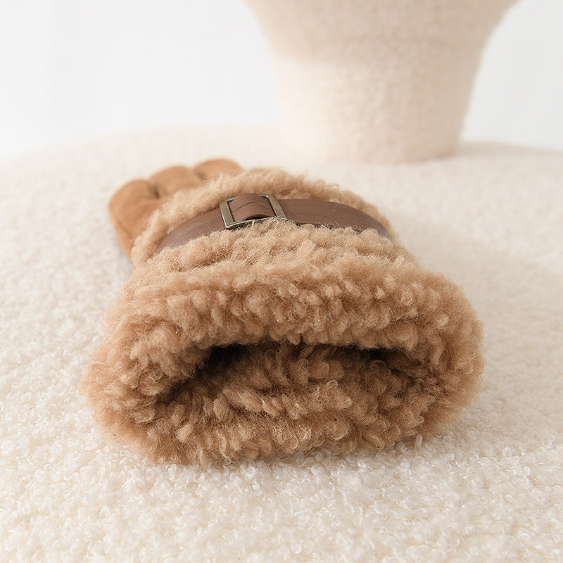 Wholesale Leather Buckle Decoration Suede Plush Thickened Gloves