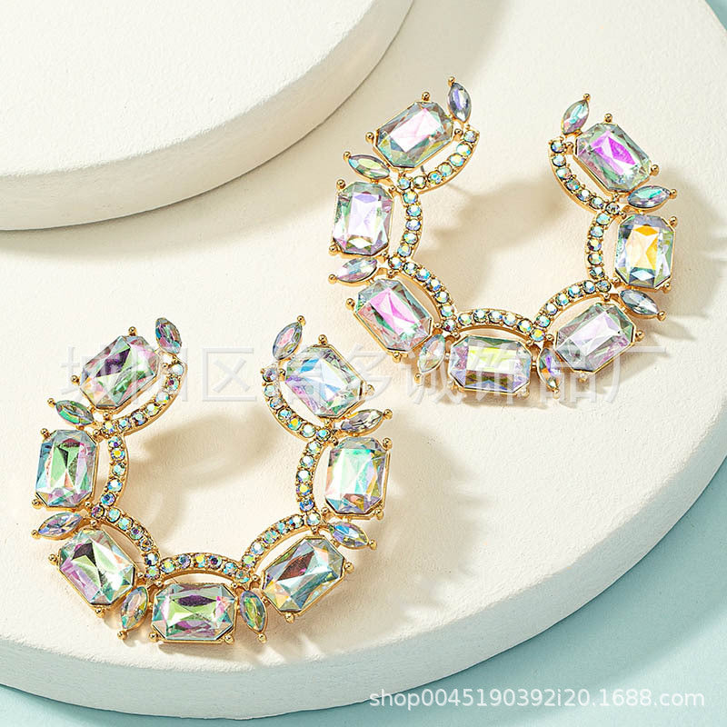 Wholesale Colorful Water Diamond Gemstone C-shaped Asymmetric Earrings
