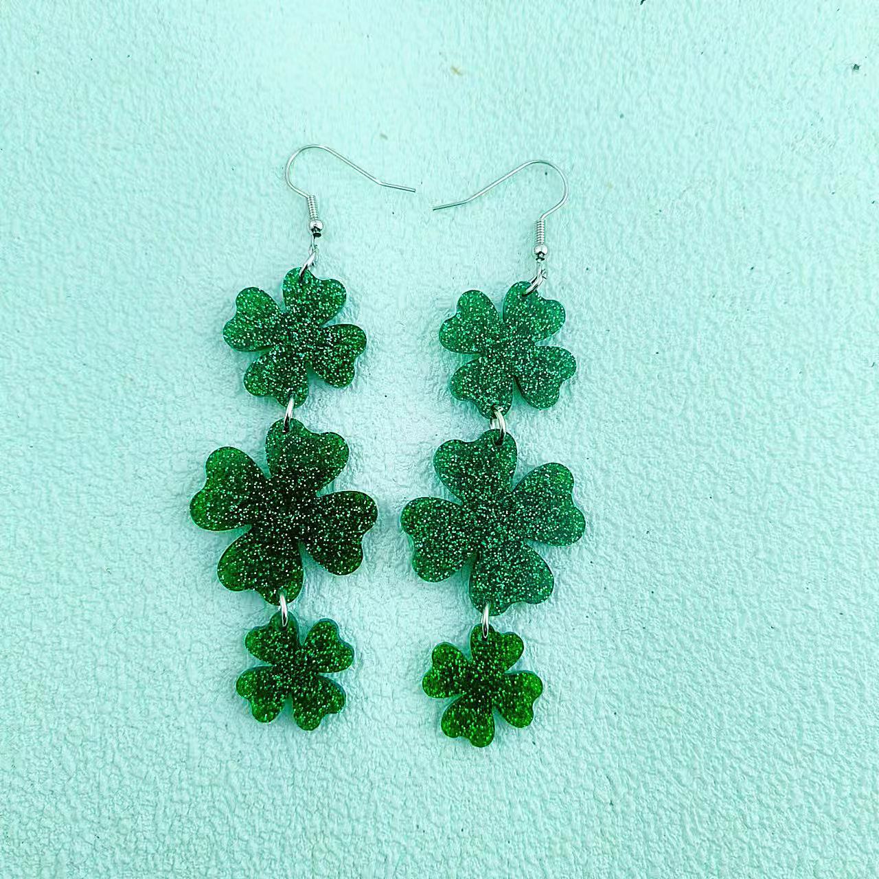 Wholesale St. Patrick's Day Earrings Mardi Gras Glitter Four Leaf Clover Acrylic Earrings