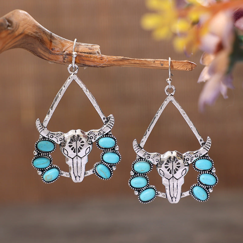 Wholesale Western Style Cow Head Turquoise Alloy Earrings