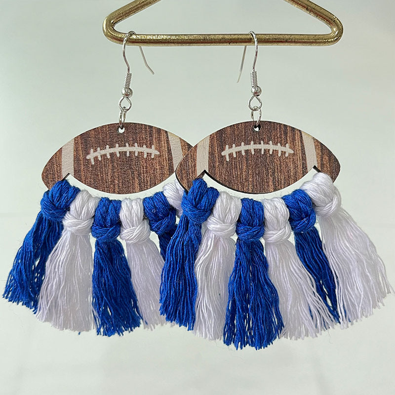 Wholesale 2 Pairs/pack Sports Woven Tassel Rugby Football Cheerleaders Wooden Drop Earrings